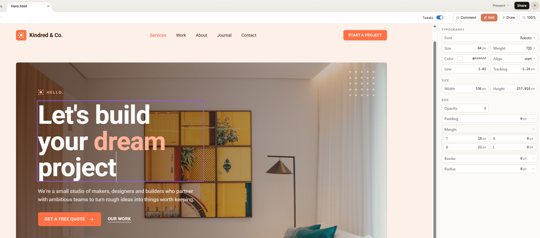 Three generated Hero variants in Claude Design