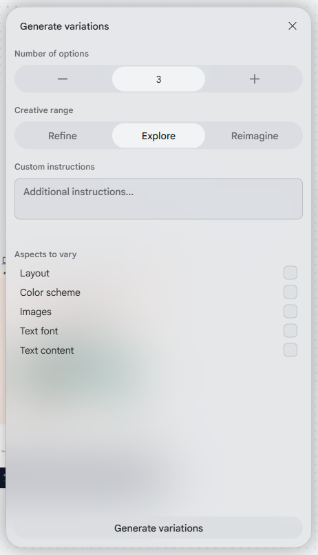 Refine, Reimagine, and Explore options in Stitch