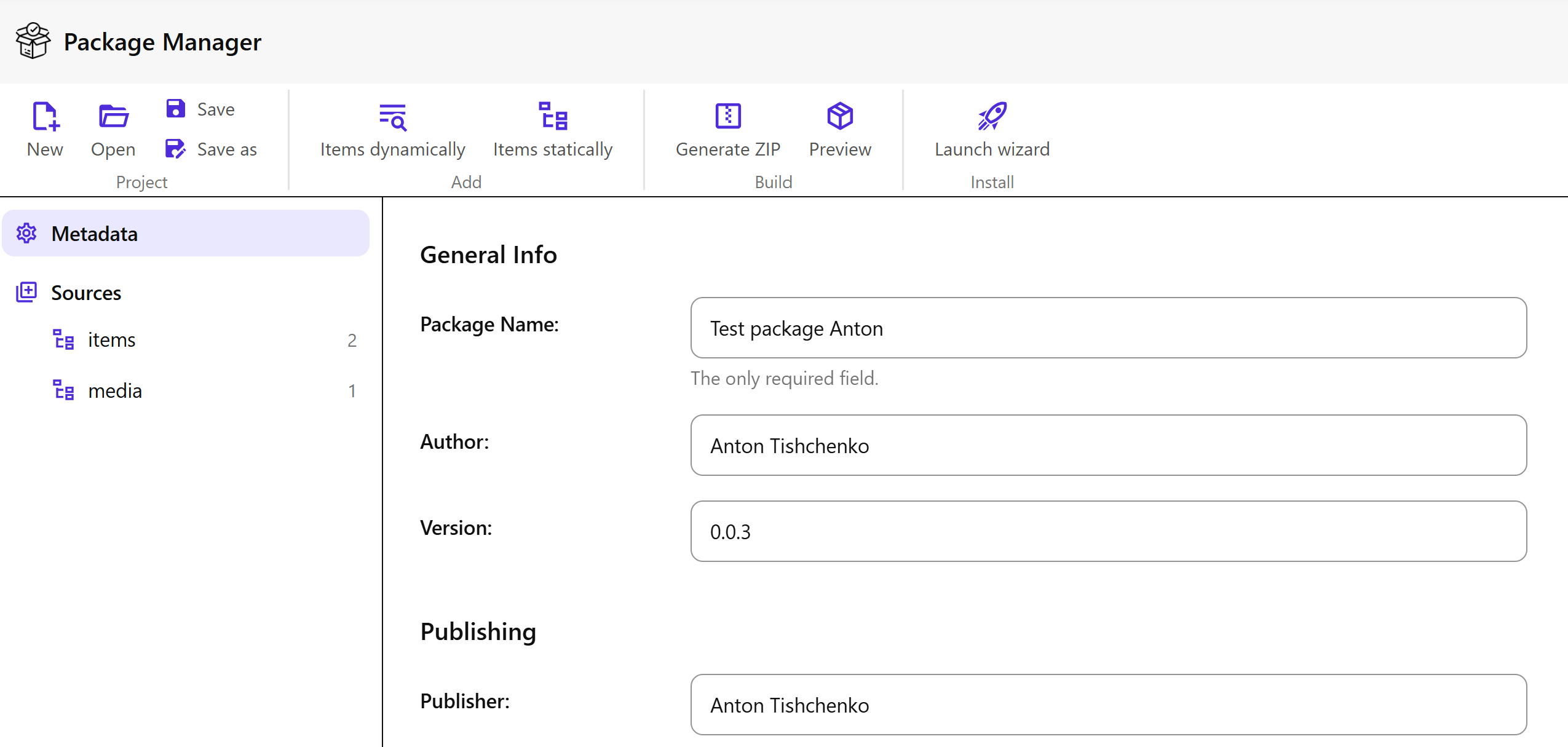 Package Manager Marketplace app UI: a ribbon with Project (New, Open, Save, Save as), Add (Items dynamically, Items statically), Build (Generate ZIP, Preview) and Install (Launch wizard) groups, a Metadata and Sources tree on the left, and General Info and Publishing fields on the right